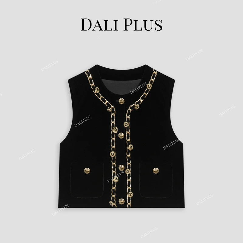 DALI PLUS高奢线 轻奢黑金链接纽扣设计小香风马甲-D4SS0163