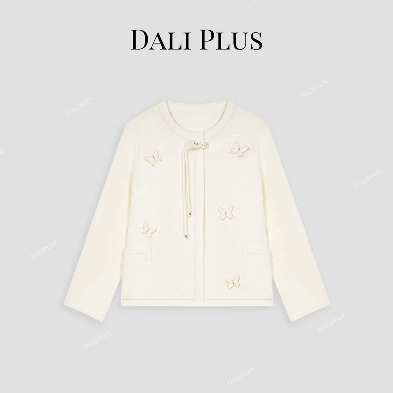 DALI PLUS新中式100%绵羊毛 立体蝴蝶白色双面呢外套-D4MM0325