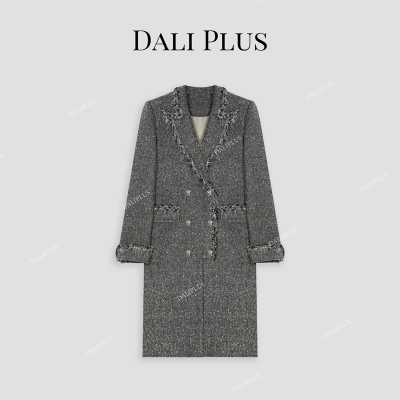 DALI PLUS复古时髦拉毛麻花织带黑灰色人字纹单面呢大衣-D4MM0323