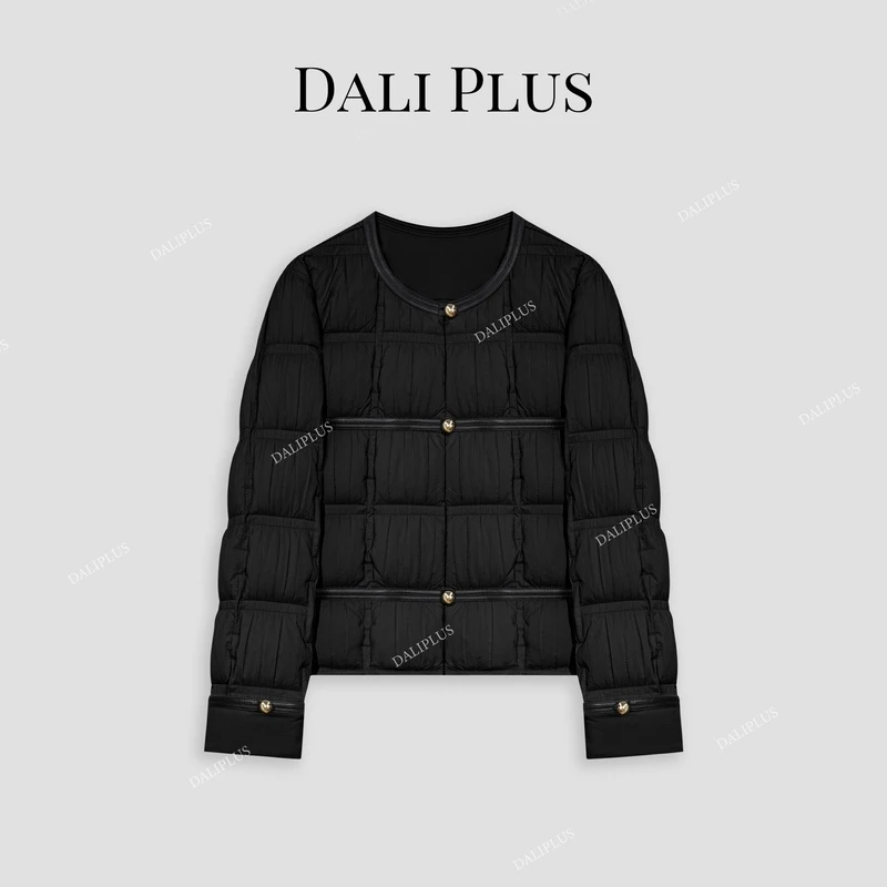 DALI PLUS90白鹅绒拼接真皮油边短款羽绒服-D4BL0184