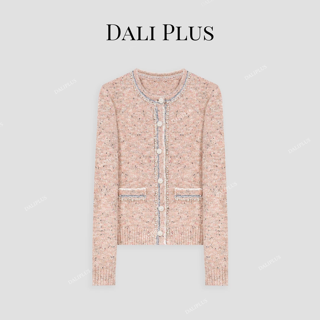 DALI PLUS精美花纱橘粉色 小香风珍珠领条减龄针织衫-D4QX0105