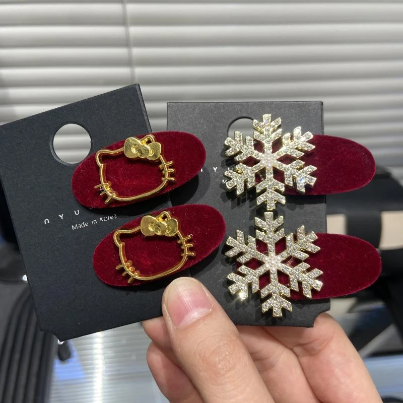 新年圣诞雪花小猫边夹秋冬新款微钻植绒蛋夹鸭嘴夹侧边女发饰发夹