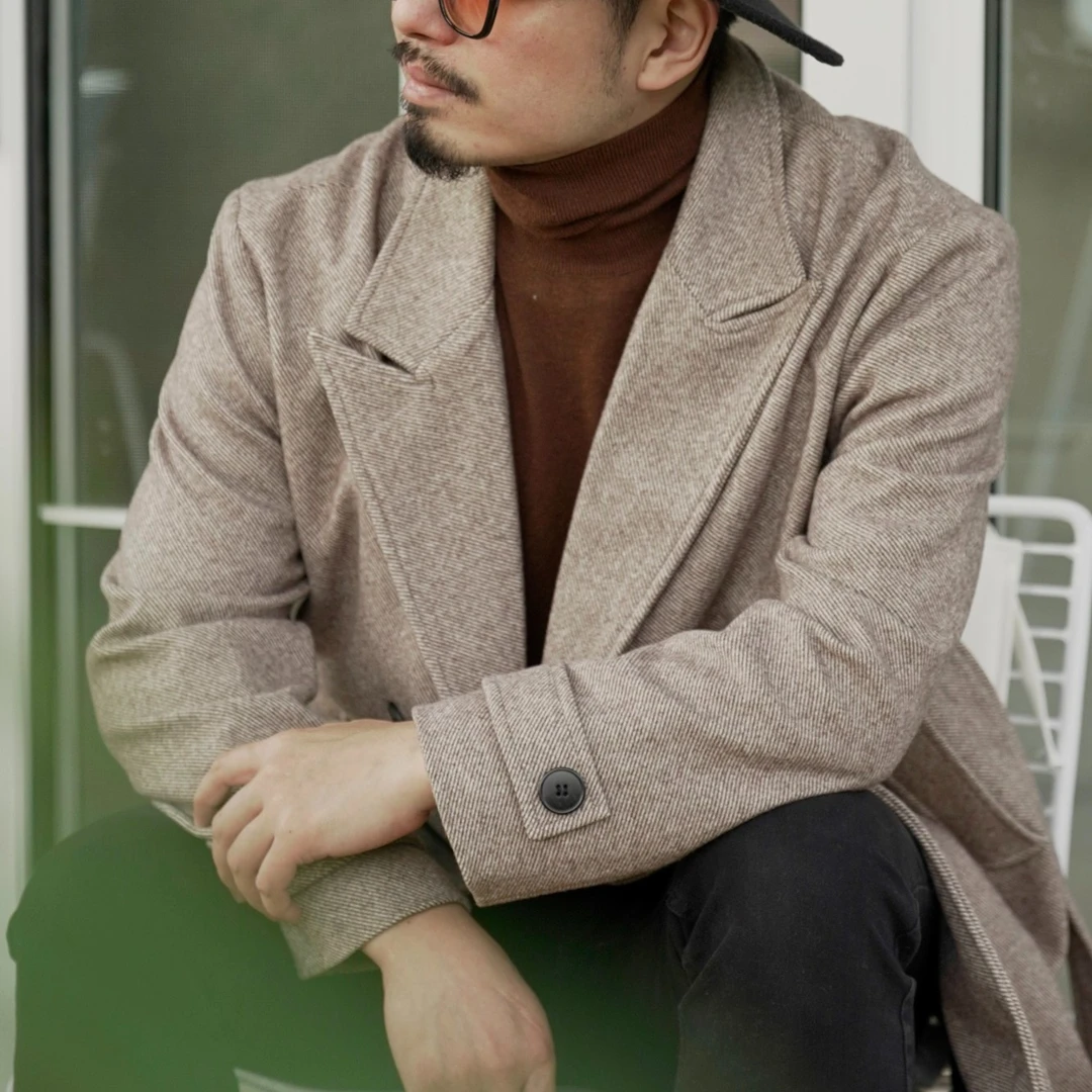 CHANGE骐製男中长款加厚英伦风毛呢风衣浴袍大衣