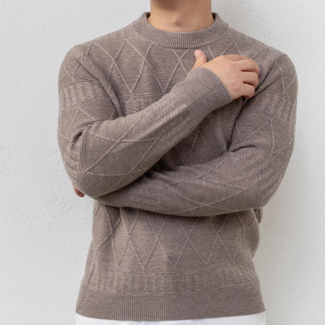 骐制CHANGE秋冬男士复古圆领加厚宽松纯色显瘦绞花羊毛阿兰毛衣