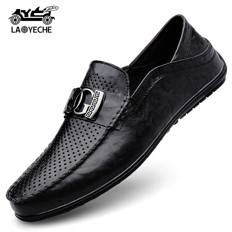 老爷车豆豆鞋新款洞洞男士休闲皮鞋百搭透气两穿时尚软底驾车鞋