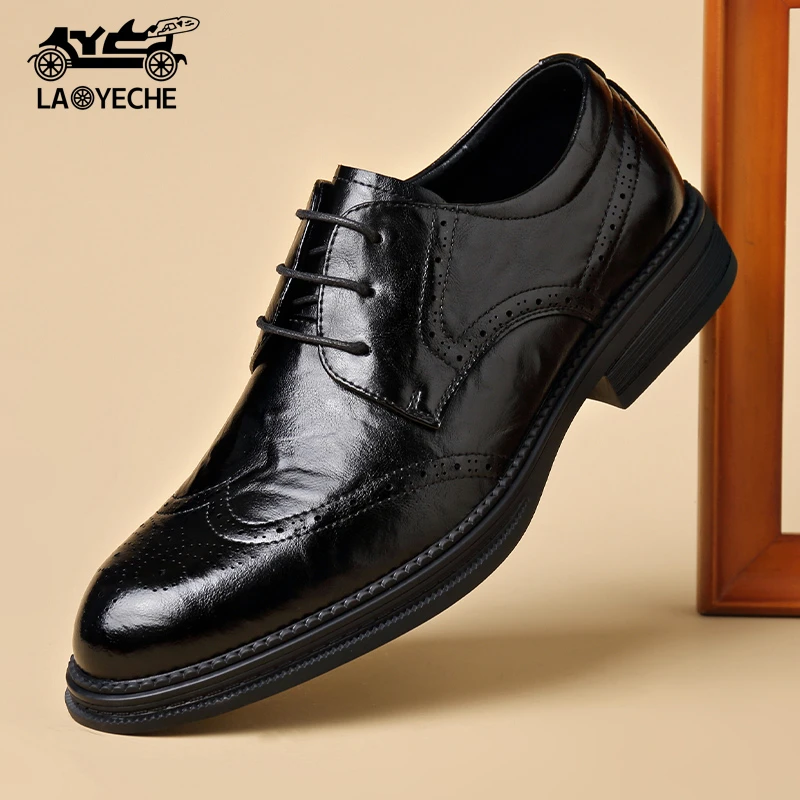 老爷车时尚休闲男皮鞋百搭软底透气商务皮鞋系带秋季黑色鞋
