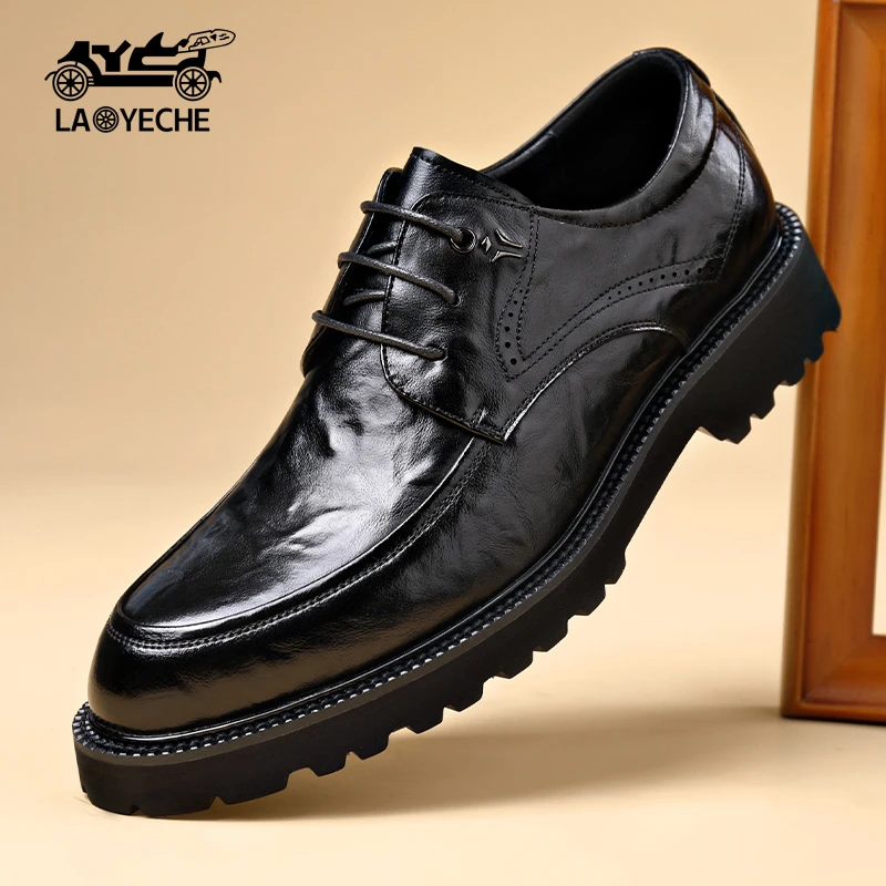 老爷车皮鞋男2023新款透气真皮商务正装休闲百搭皮鞋厚底系带男鞋