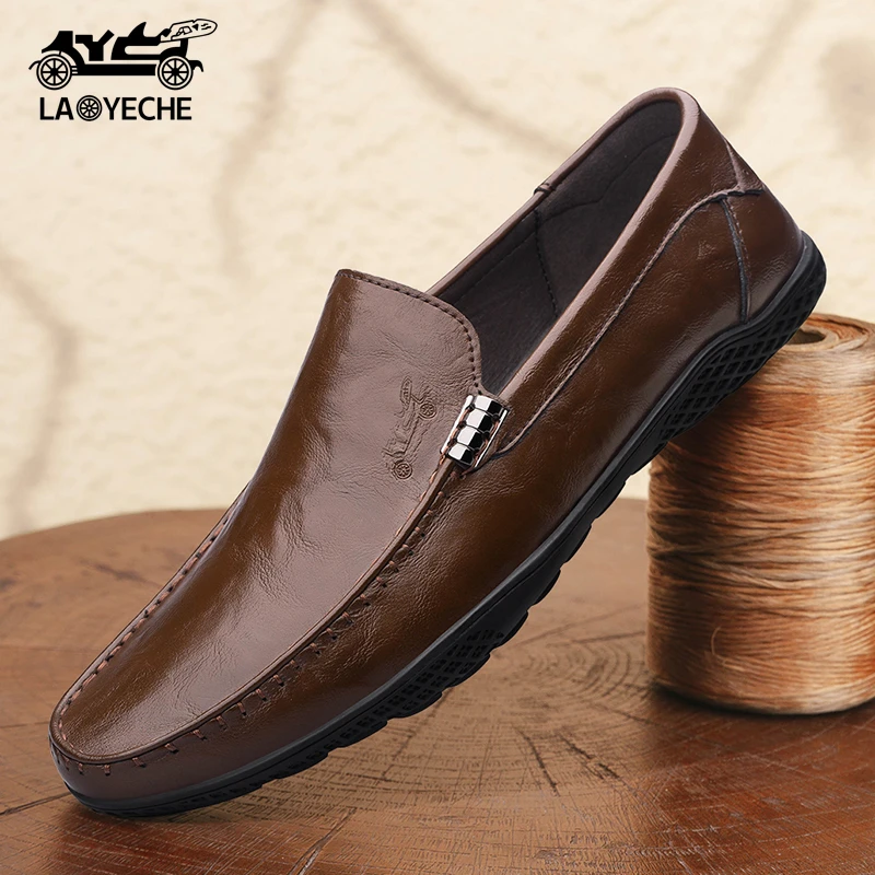 老爷车2025新款男鞋男士休闲皮鞋豆豆鞋透气真皮软底套脚鞋子男款
