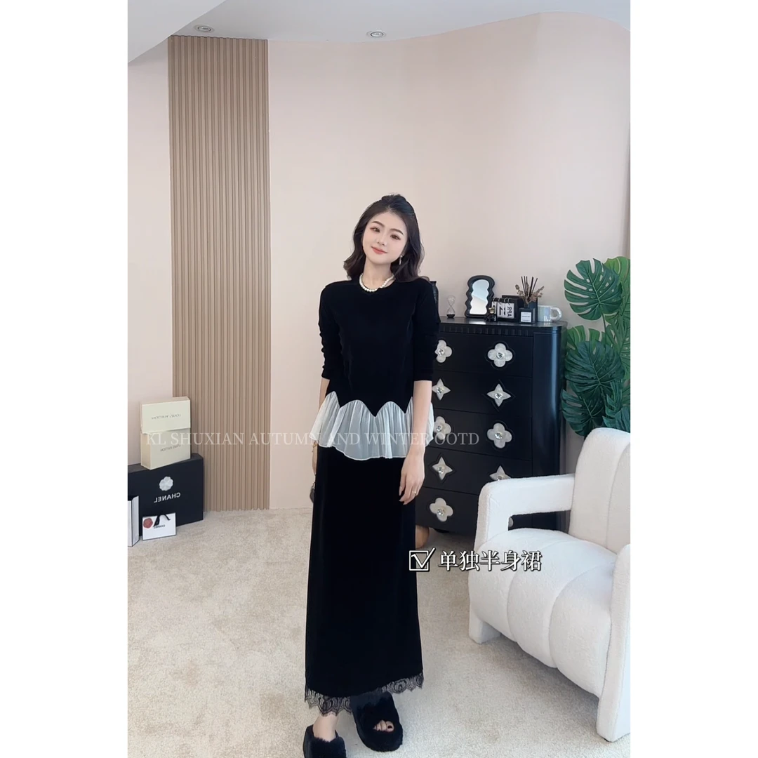 【限定秋日】丝绒拼接蕾丝半身弹力长裙L0902