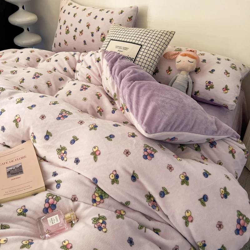 田园牛奶绒四件套珊瑚绒法兰绒床上用品冬季加厚被套床单人三件套