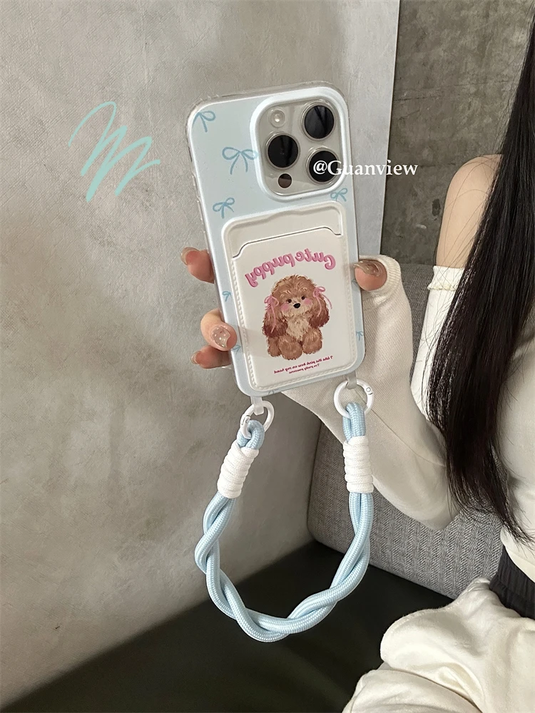 奶蓝蝴蝶结泰迪狗适用苹果15promax手机壳iphone14/13挂绳12卡包X