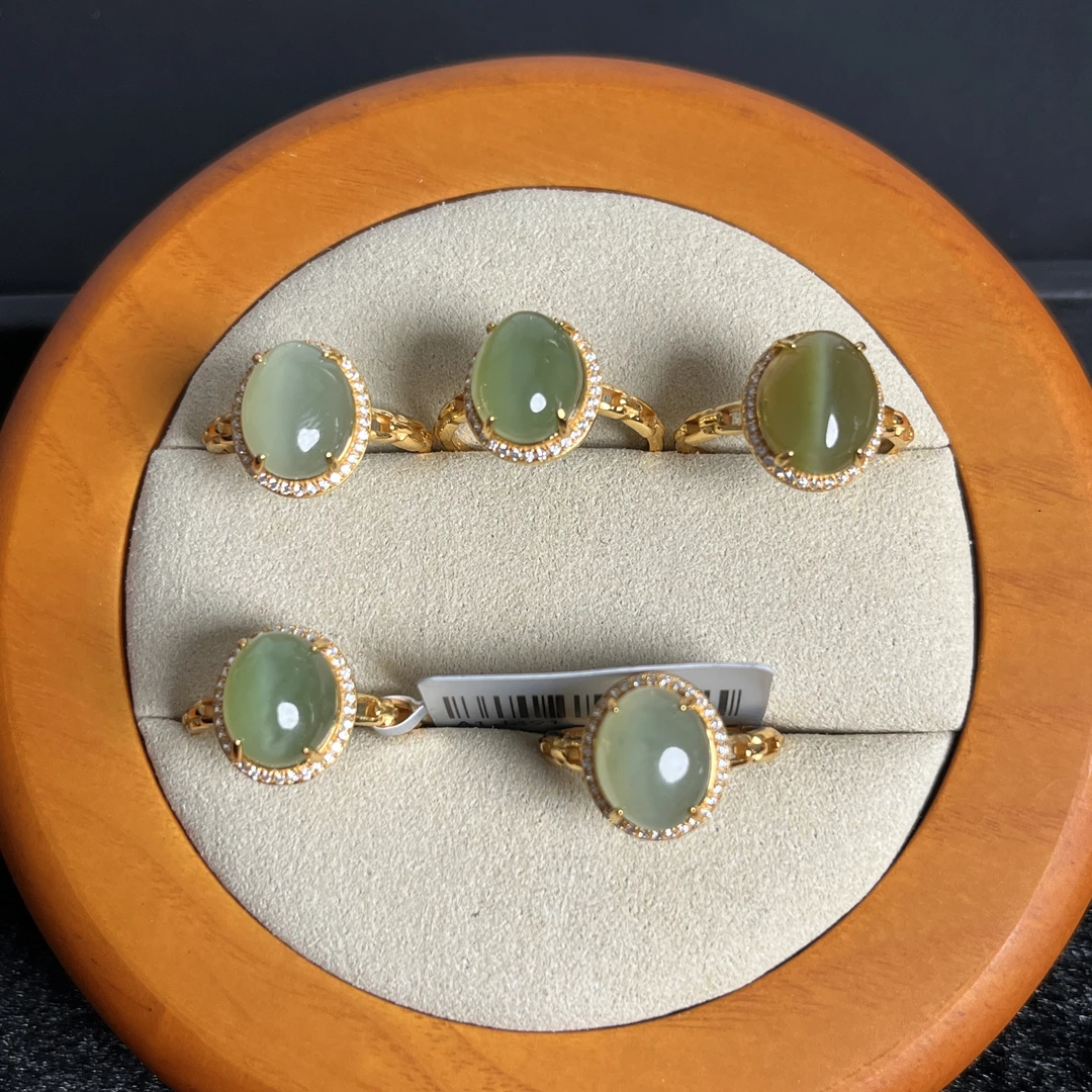 【鸿玉臻选】和田玉碧玉S925银镶猫眼蛋面戒指 多样性发一件 A1J491