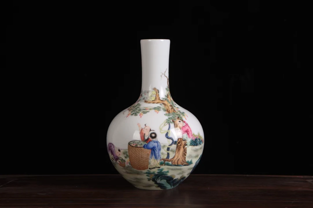 景德镇釉上彩古彩手工画人物扁肚瓶描金细工重彩古玩收藏家居装饰
