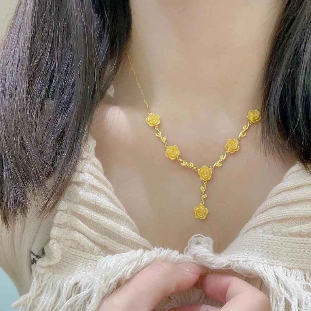 铜合金项链 花枝玫瑰时尚项链高级感百搭复古轻奢精美饰品坠链