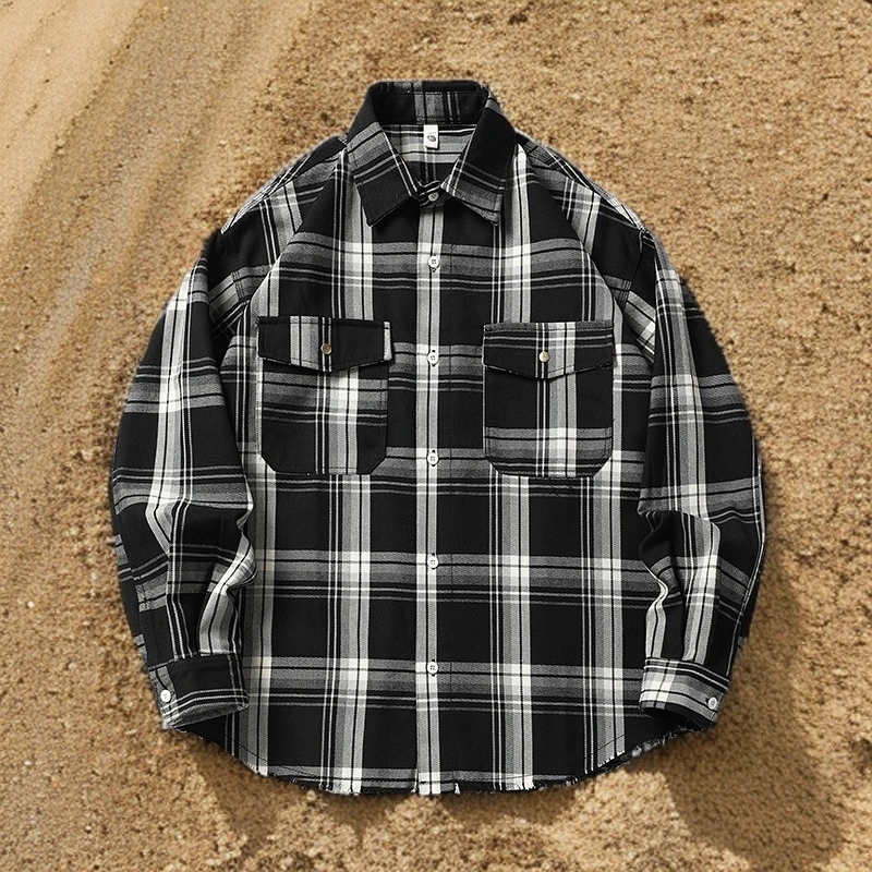 老CHENG铺子美式潮牌扎染硬挺百搭宽松休闲走秀款男女格子长袖衫