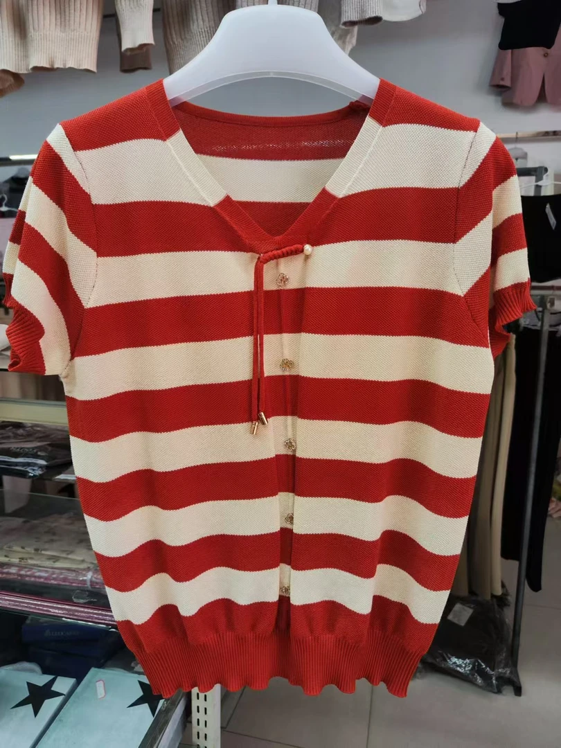 通勤夏季条纹拼接冰麻短袖气质妈妈装针织短袖宽松中年短款T恤