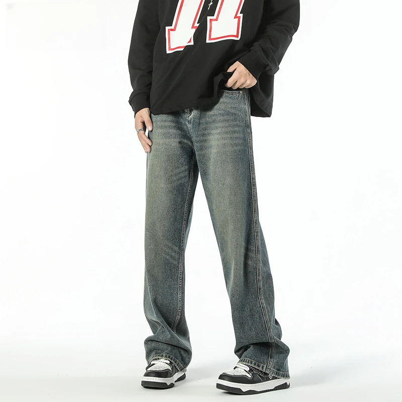 美式复古做旧微喇牛仔裤男女同款cleanfit宽松拖地裤子水洗K661
