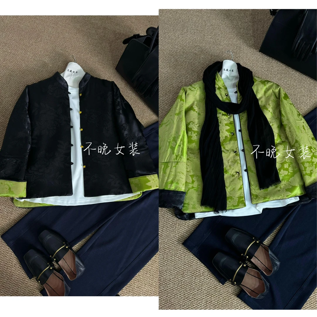 设计师款【空青】缎面提花印花加薄棉秋冬外套百搭休闲时尚中式复古