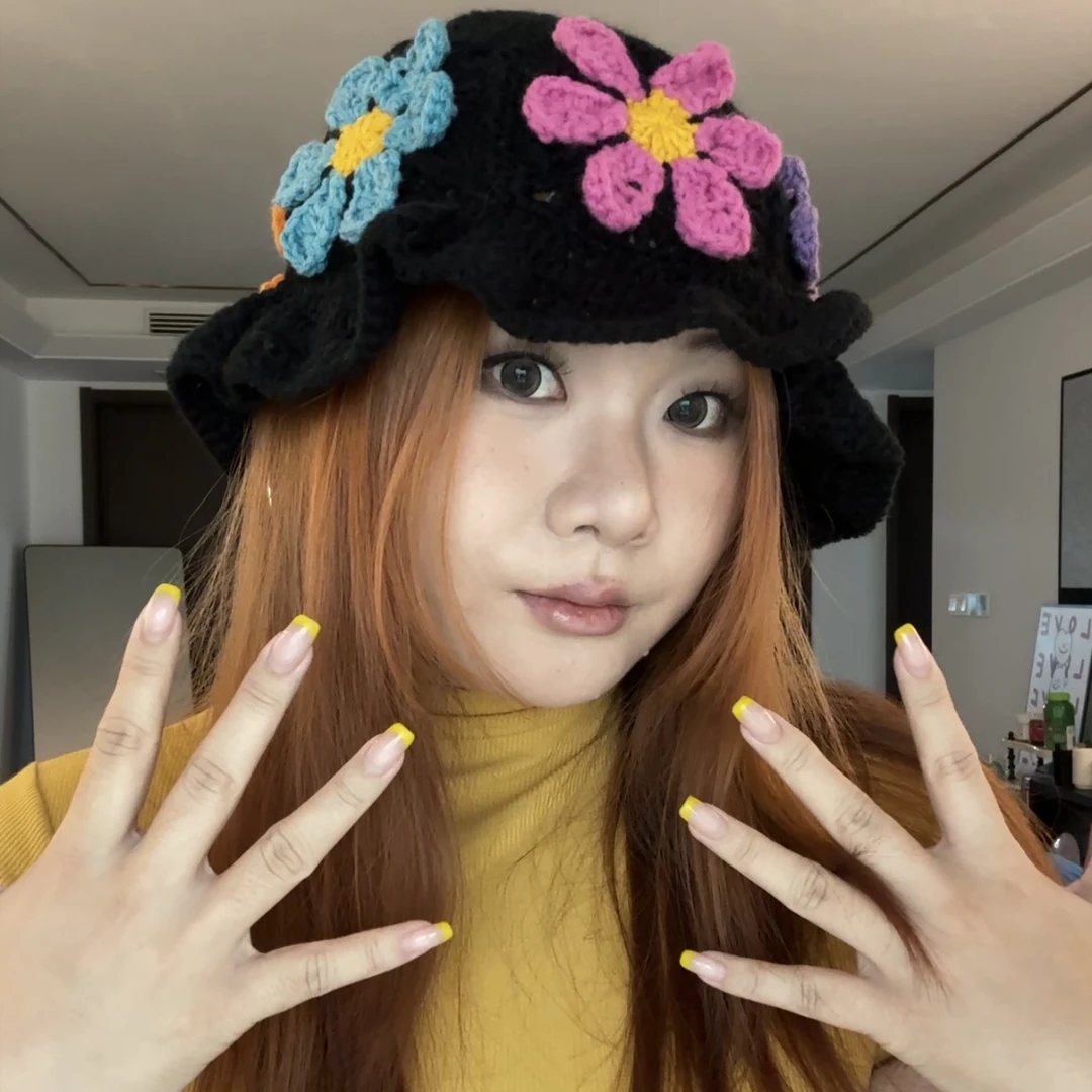 192 戴到63cm 泫雅风彩色针织小花水桶帽盆帽渔夫帽