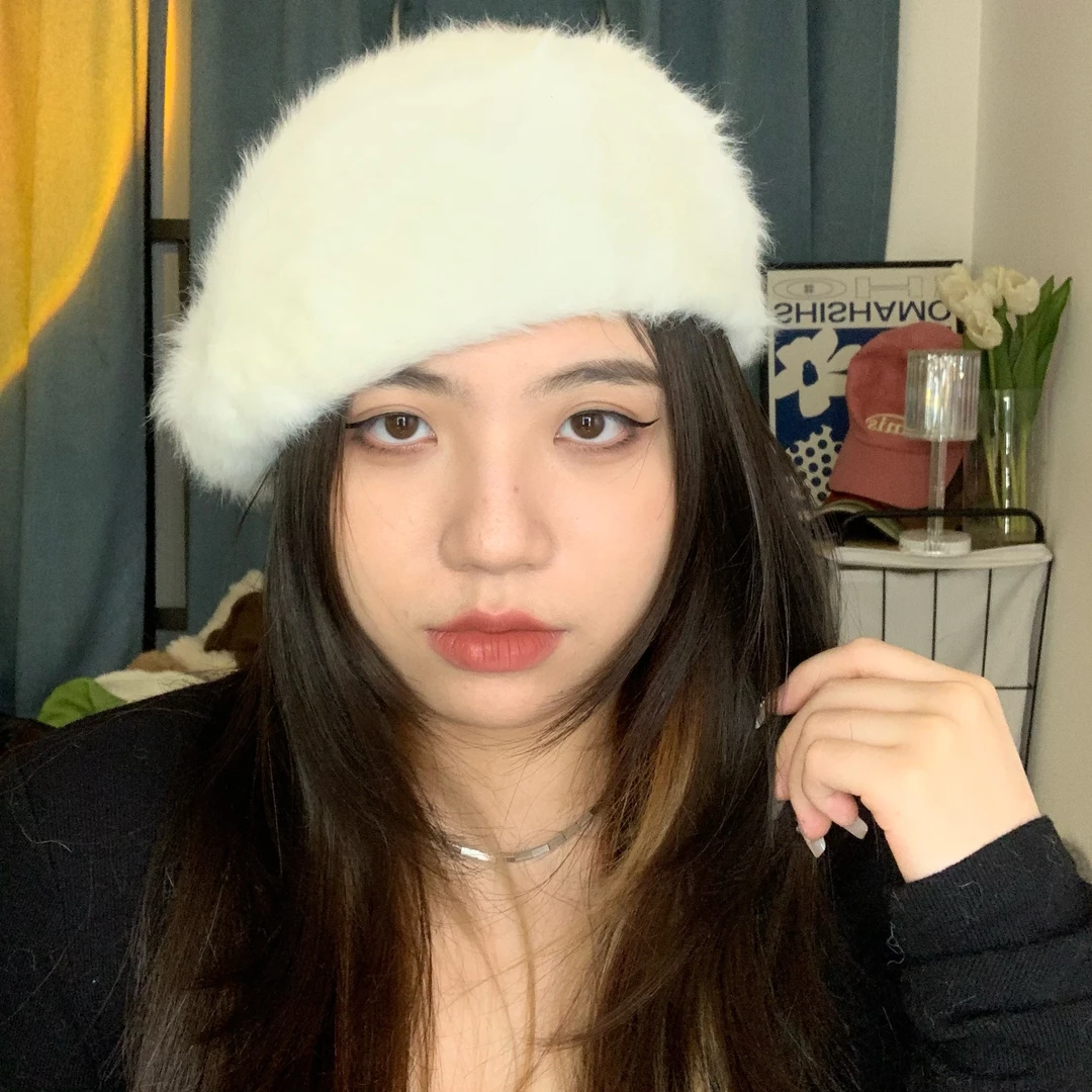 【一口帽社】026毛茸茸贝雷帽大头可带冬日氛围感网红保暖