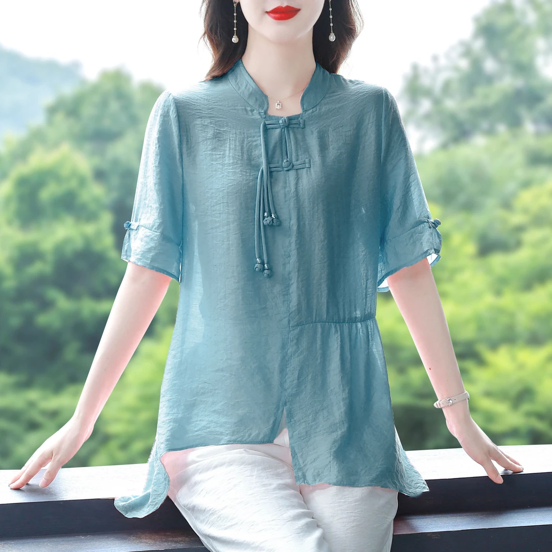 2025夏新款天 丝中长款遮肚子棉 麻新中式立领拼接薄款气质女上衣