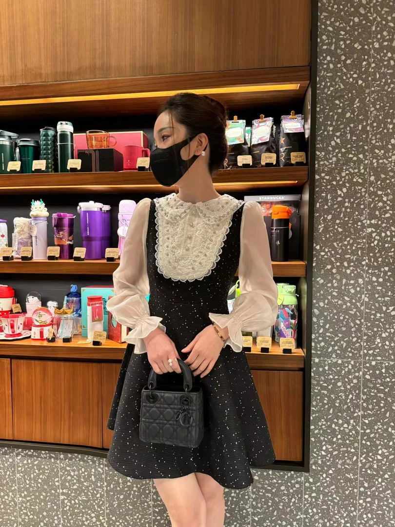 【DL高端定制】气质显瘦减龄钉珠亮片花边领连衣裙2983