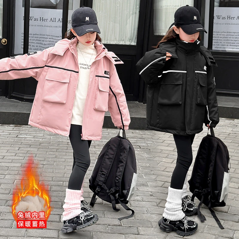 女童冲锋衣秋冬2024新款洋气中大童兔毛加绒加厚儿童保暖连帽外套