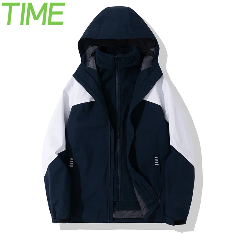 TIME新款加绒加厚冲锋衣男女同款防风防水登山服运动茄克外套情侣