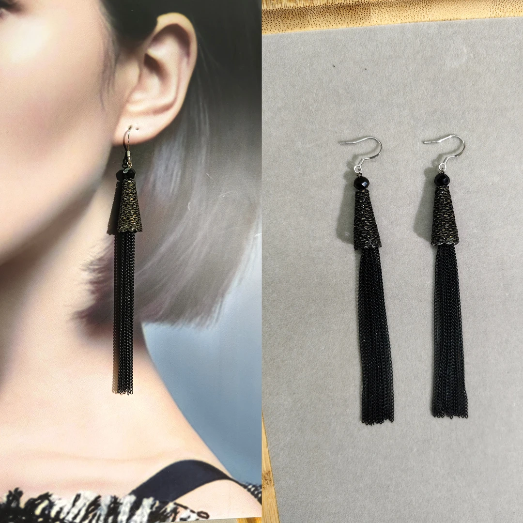 铜合金耳饰 219#冷艳复古百搭长款流苏耳环黑色国风个性