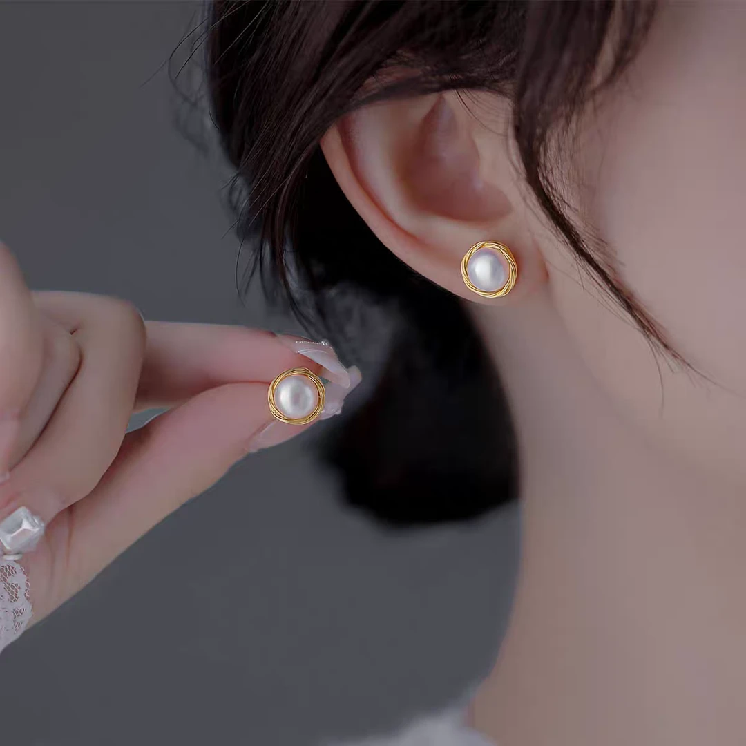 940#日常精致百搭天然淡水珍珠金线缠绕耳钉小巧简约