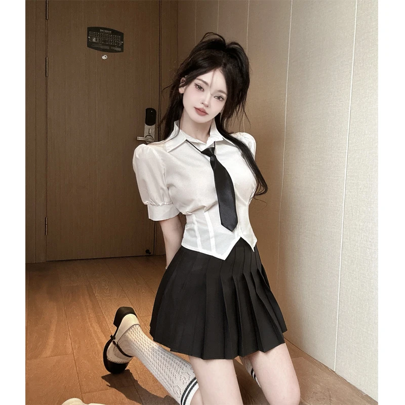 足 浴技师工作服jk套装夏制服白色短袖衬衫女+百褶短裙减龄两件套