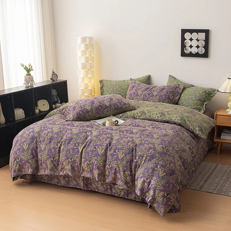 美式轻奢四件套床品精梳小碎花加厚印花被套三件套14