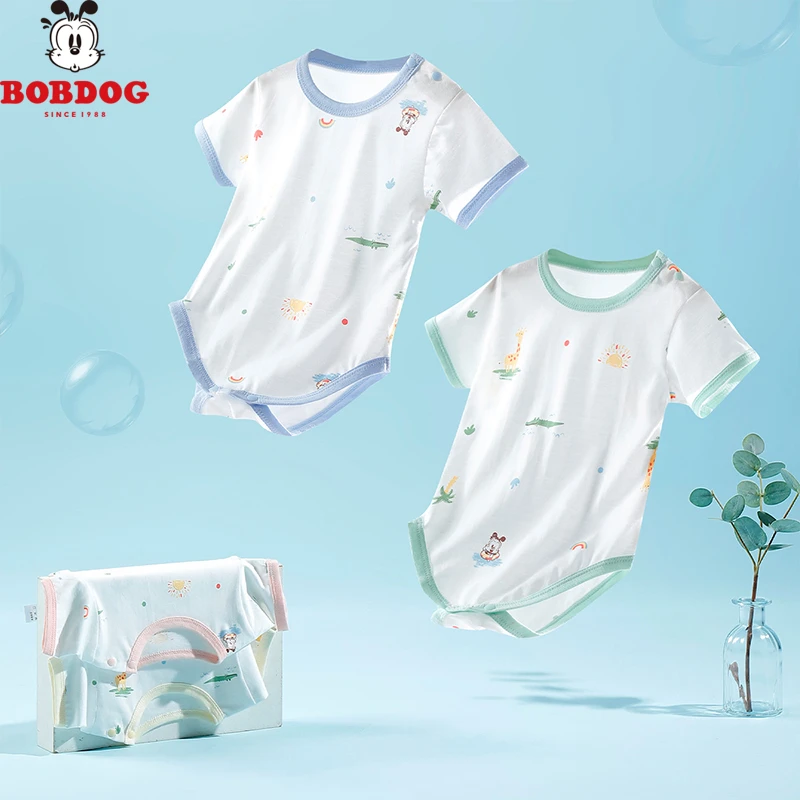 Bobdog/巴布豆婴儿A级纯棉包屁衣夏季肩开舒适亲肤三角哈衣爬服