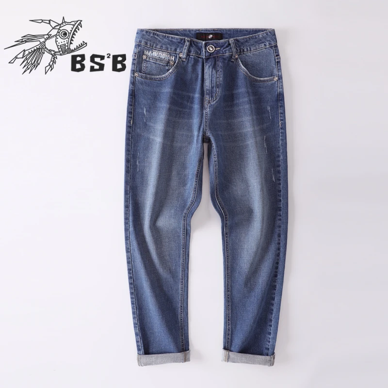 338004小魔鱼绣花萝卜裤男2024春秋新款浅蓝小脚修身九分牛仔裤子