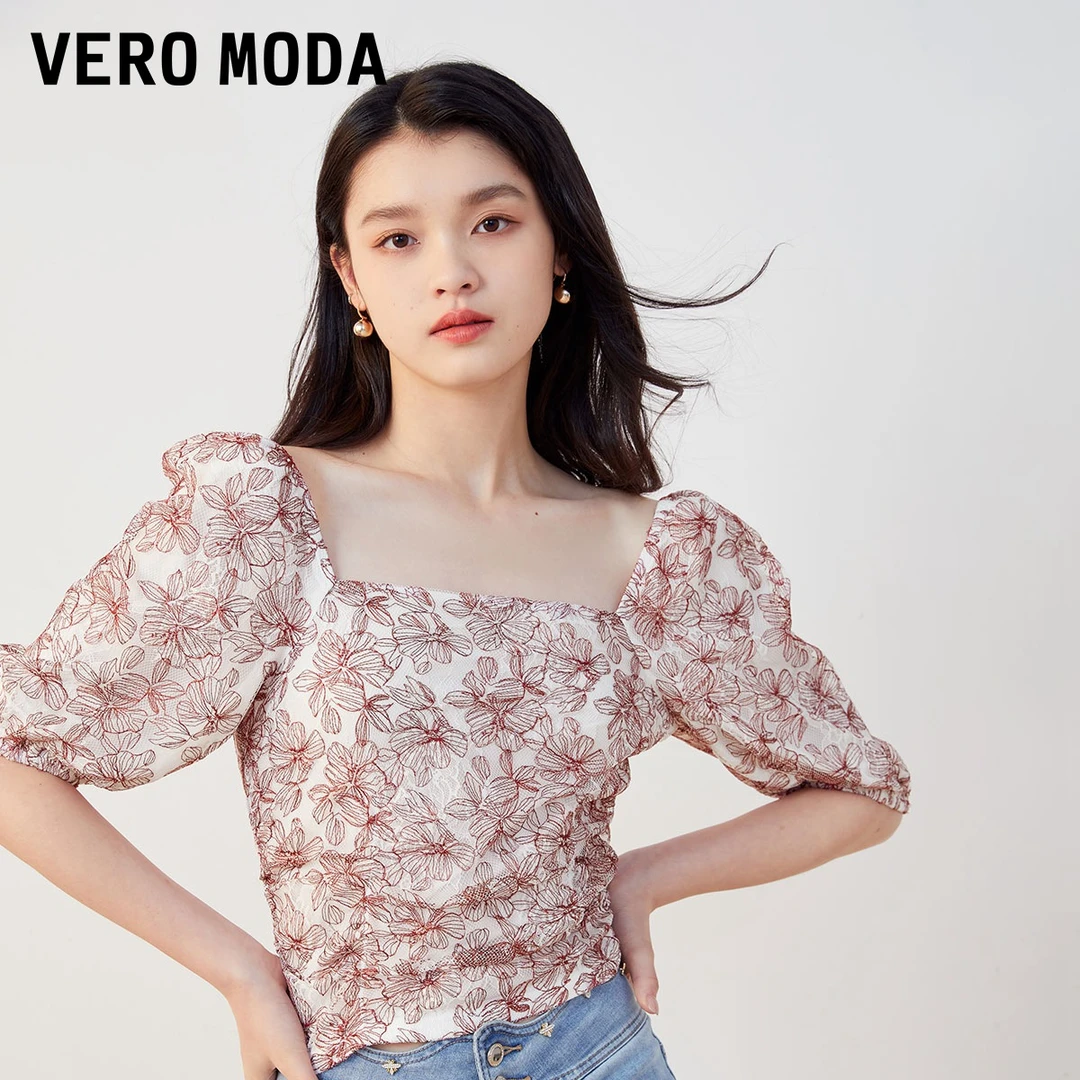Vero ModaT恤上衣女早秋网纱花朵半袖泡泡袖短款小众T洋气炸街