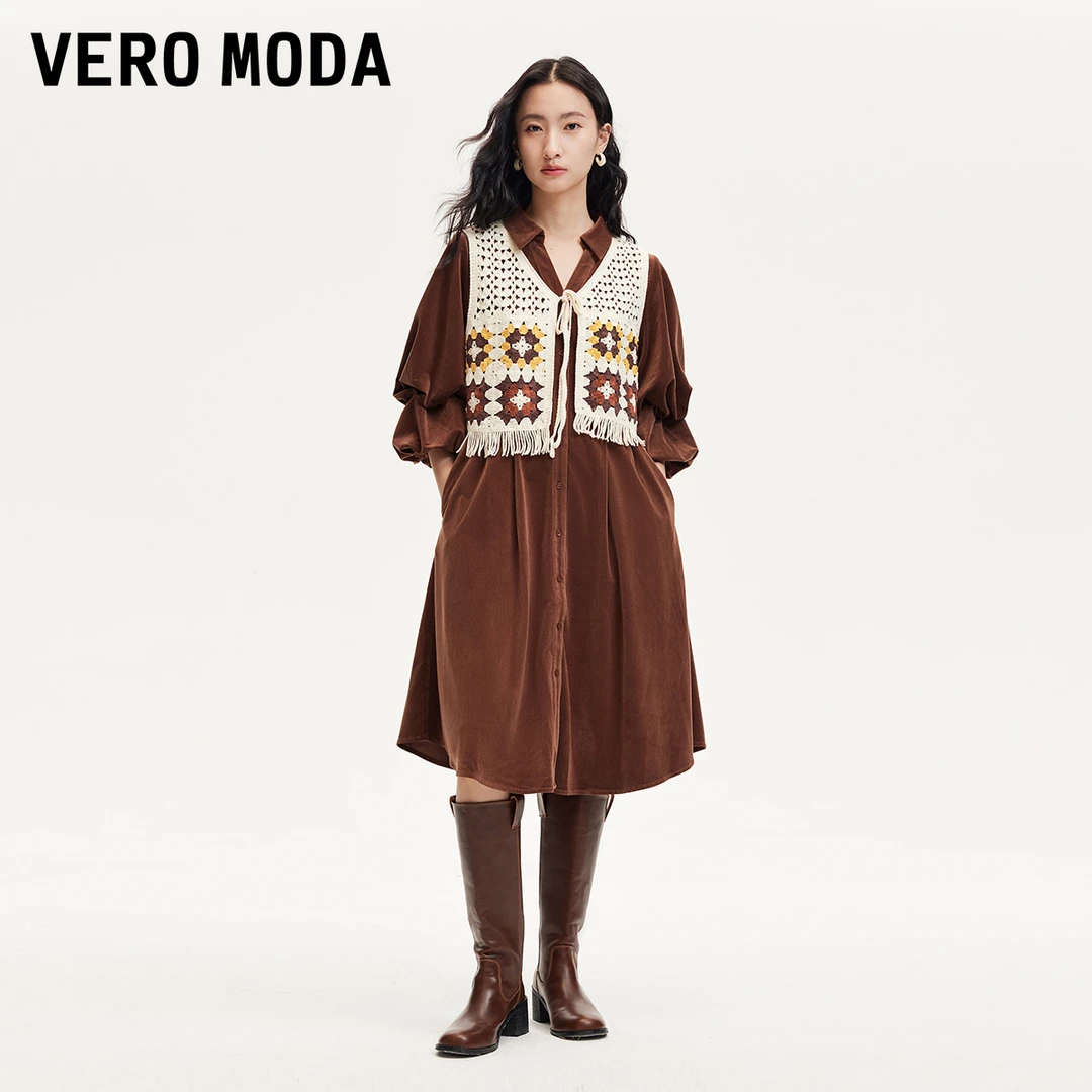 Vero Moda连衣裙早秋新款真两件镂空钩织背心衬衫裙洋气轻奢小众