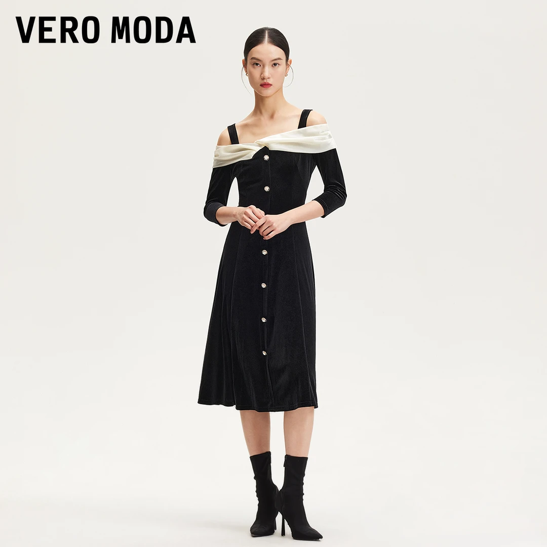 Vero Moda连衣裙气质光泽感面料拼接一字领丝绒流光风百搭老钱风