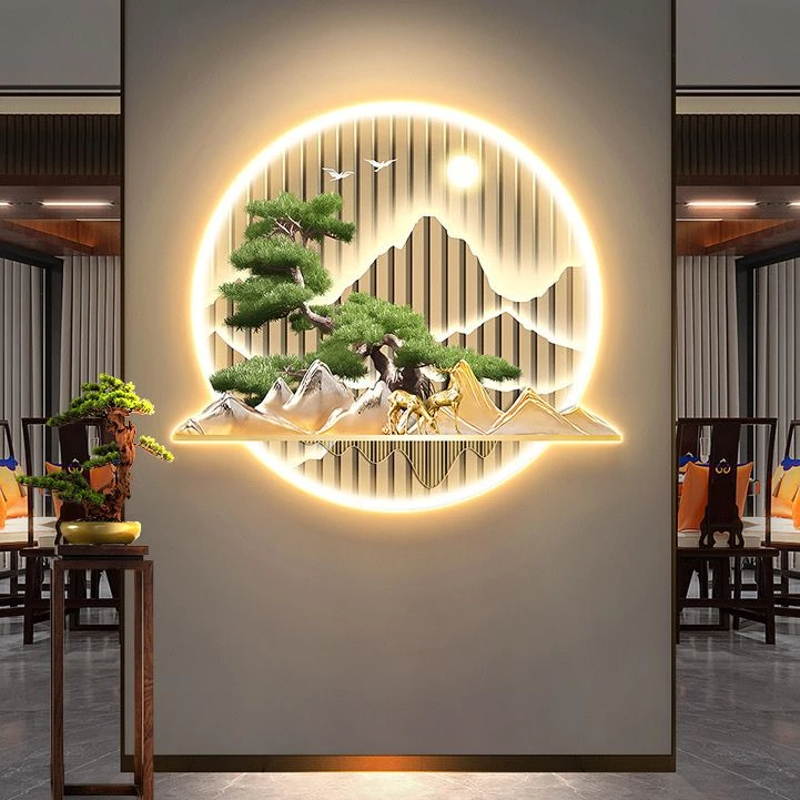 0甲醛新中式山水迎客松入户鸿运当头玄关柜装饰画轻奢款灯风景画