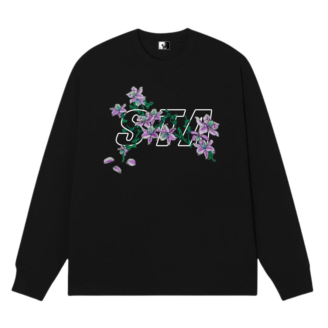 STA春秋国潮牵牛花印花简约字母印花情侣宽松圆领长袖T恤男潮牌