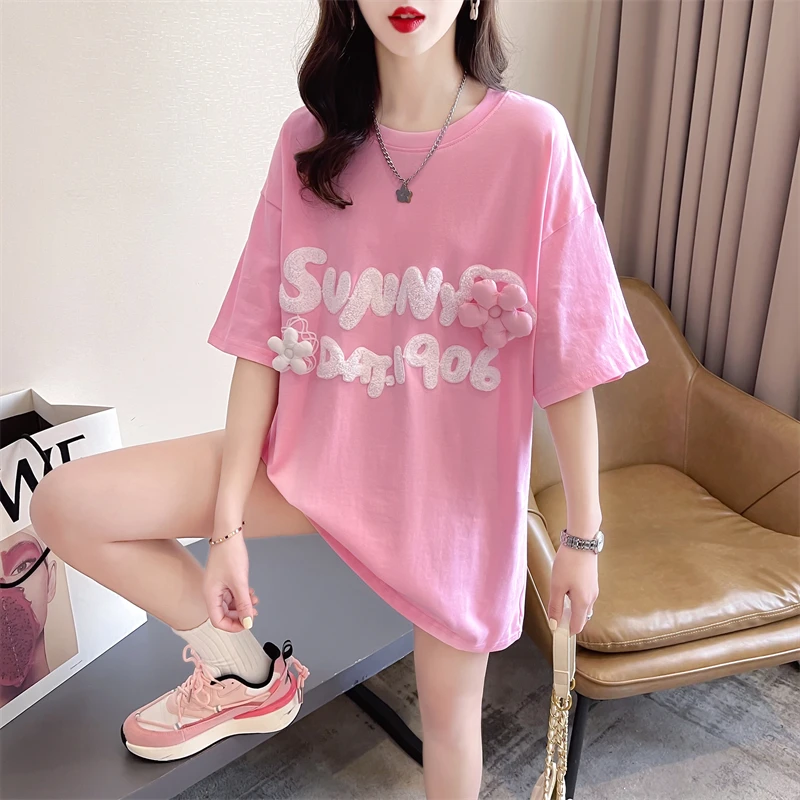 小个子t恤女短袖夏季韩版宽松大码女装中长款百搭小雏菊上衣体桖