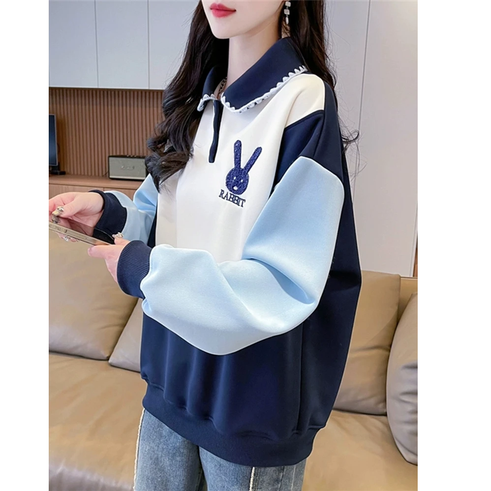 早春薄款娃娃领卫衣女春秋韩版宽松设计感小众撞色插肩袖上衣外套