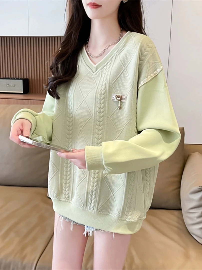 小个子v领薄款卫衣女春秋季2024新款韩版宽松大码百搭上衣外套潮