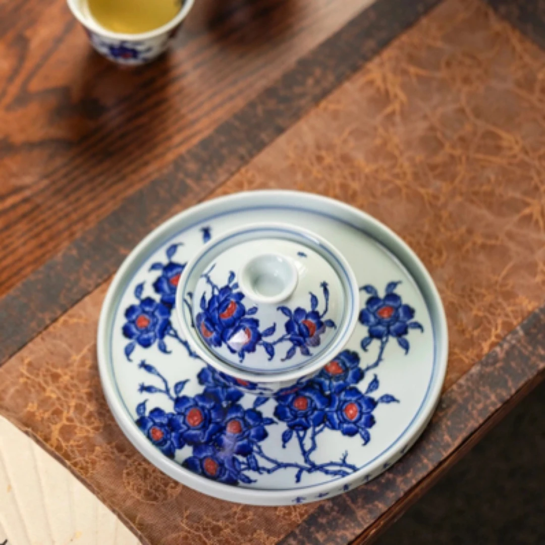 青如堂新品折枝月季瓷器大号花卉壶承正宗景德镇盖碗茶杯高颜值