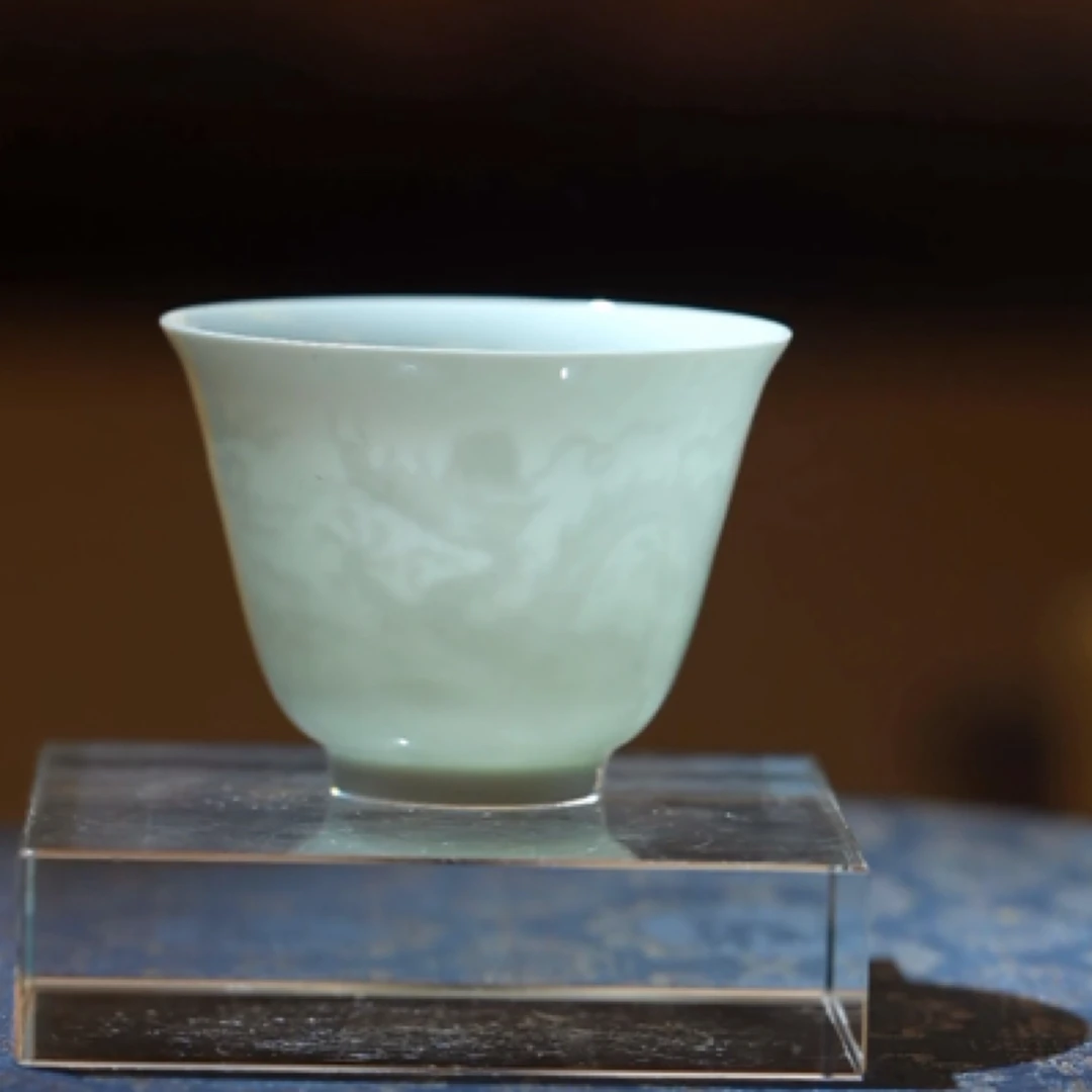 瓷海陶林定制仿古甜白蛋壳内手工白瓷墨印龙纹杯茶杯茶具陶瓷