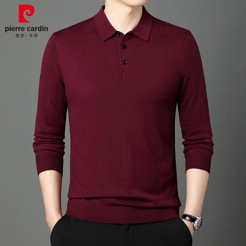 皮尔卡丹翻领时尚春秋季薄款男士长袖商务打底衫休闲针织衫时尚