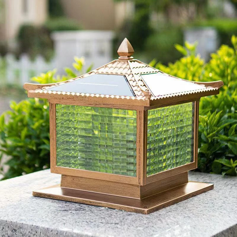 太阳能方格玻璃柱头灯庭院户外中式别墅花园家用围墙防水室外景观