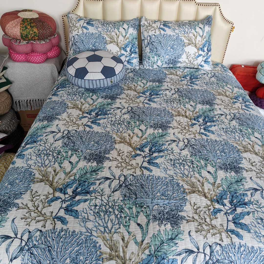 珊瑚花海洋风纯棉大床盖220*230左右