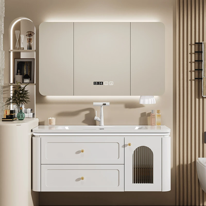 DEERLOSA/迪路莎新款奶油风浴室柜一体陶瓷盆智能美妆收纳洗脸盆