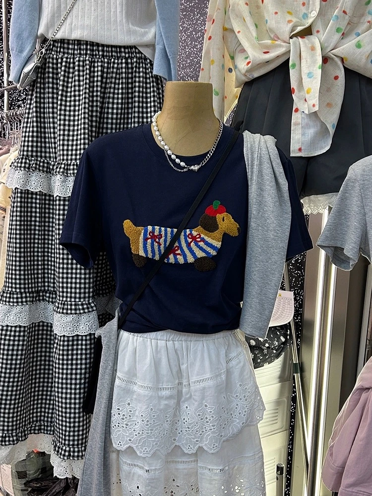 小狗短袖T恤女装夏季2025新款深蓝色学生十三行宽松正肩上衣服ins