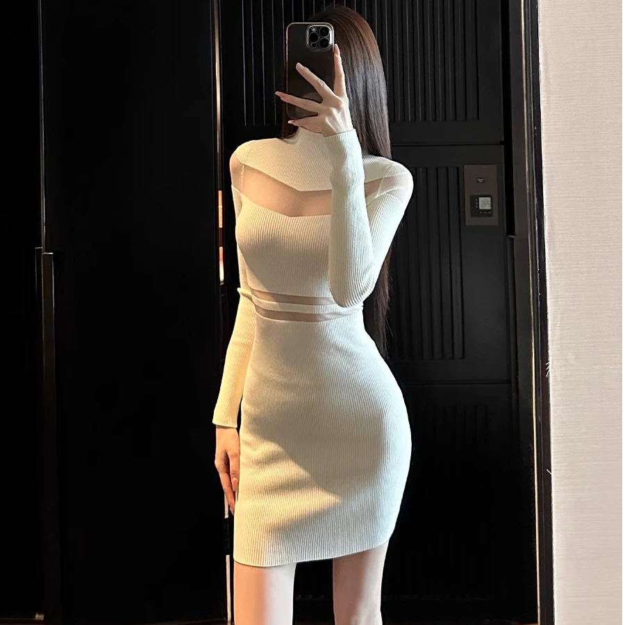 向晚·拼接连衣裙长袖圆领弹力修身收腰镂空性感辣妹包臀裙